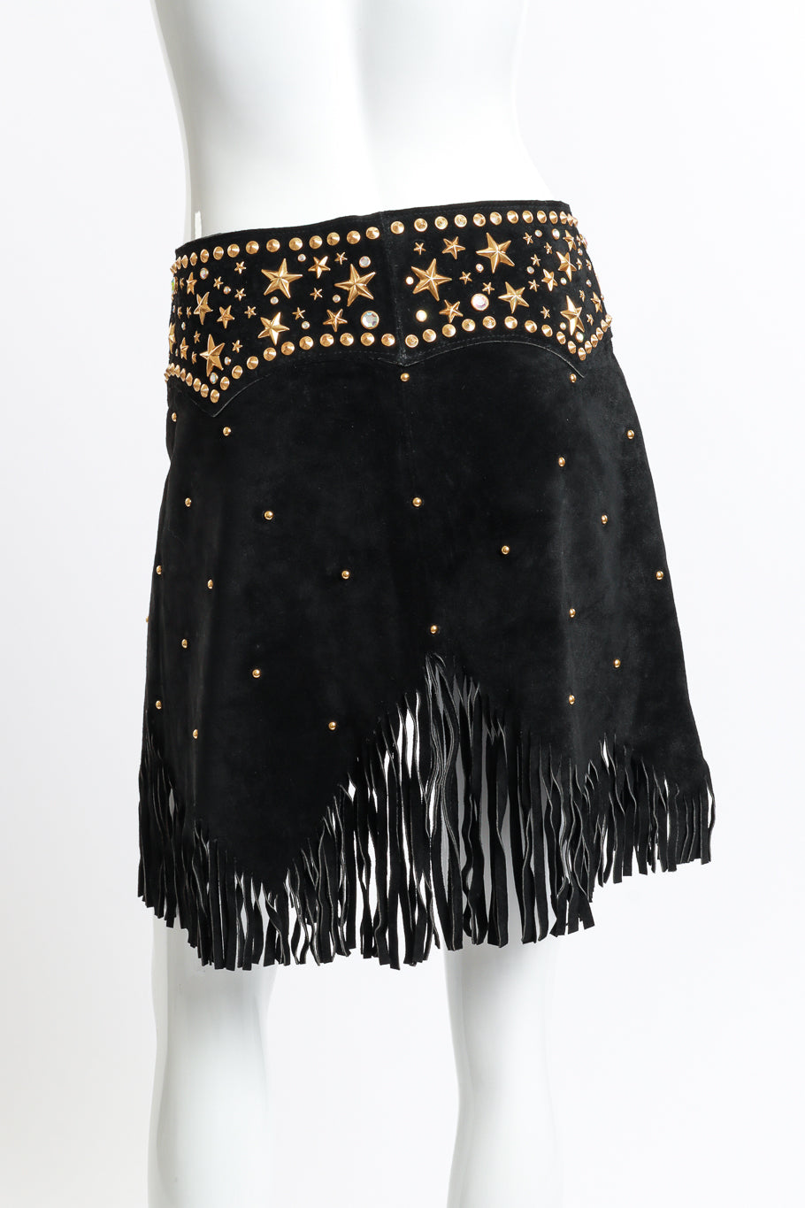 Vintage Katherine Baumann Studded Suede Fringe Skirt Belt back on mannequin closeup @recess la