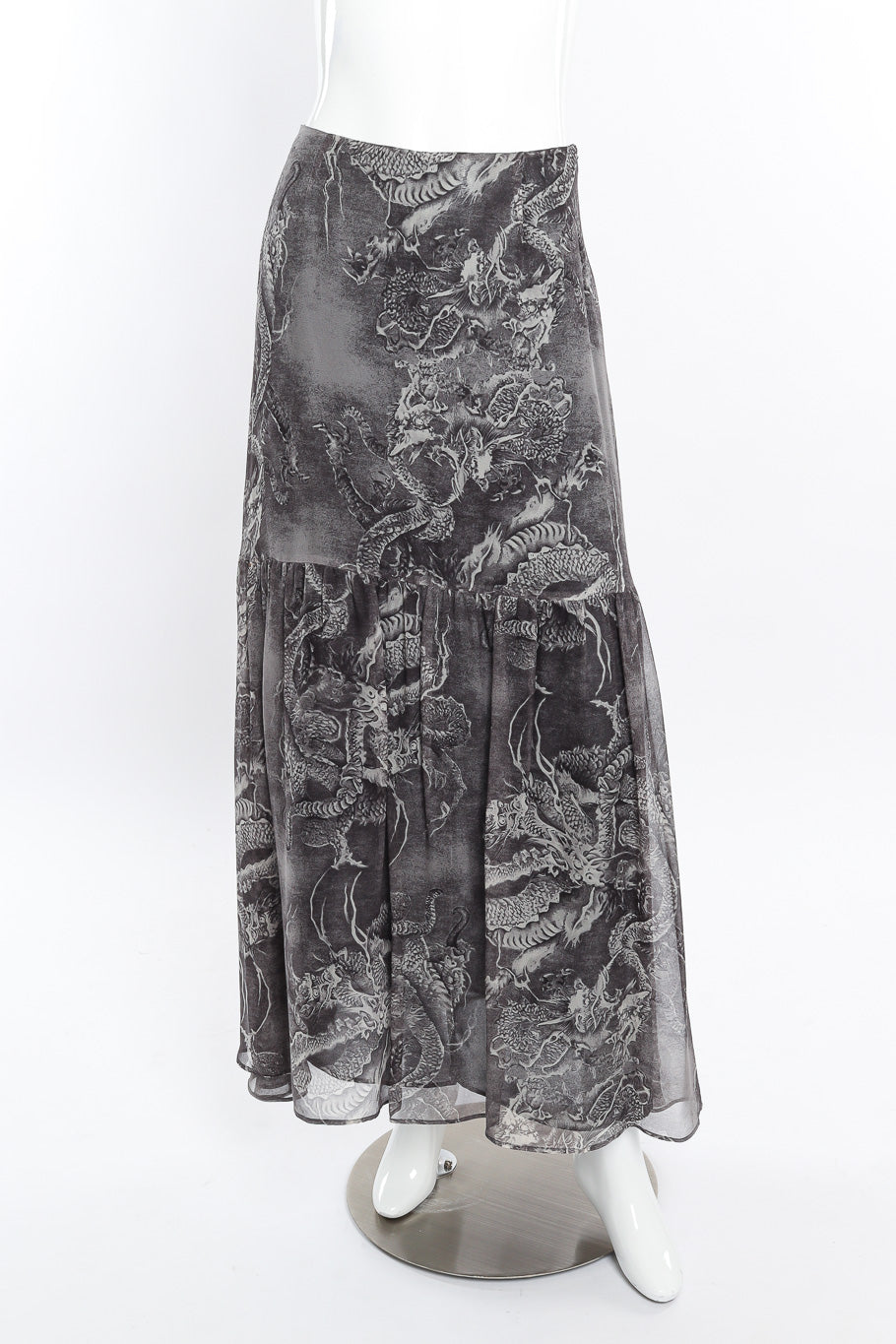 Kenzo Dragon Print Silk Skirt front view on mannequin @Recessla