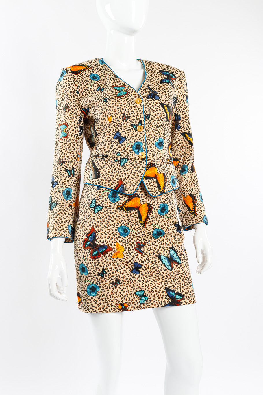 Butterfly jacket and skirt set by Kenzo on mannequin front close @recessla