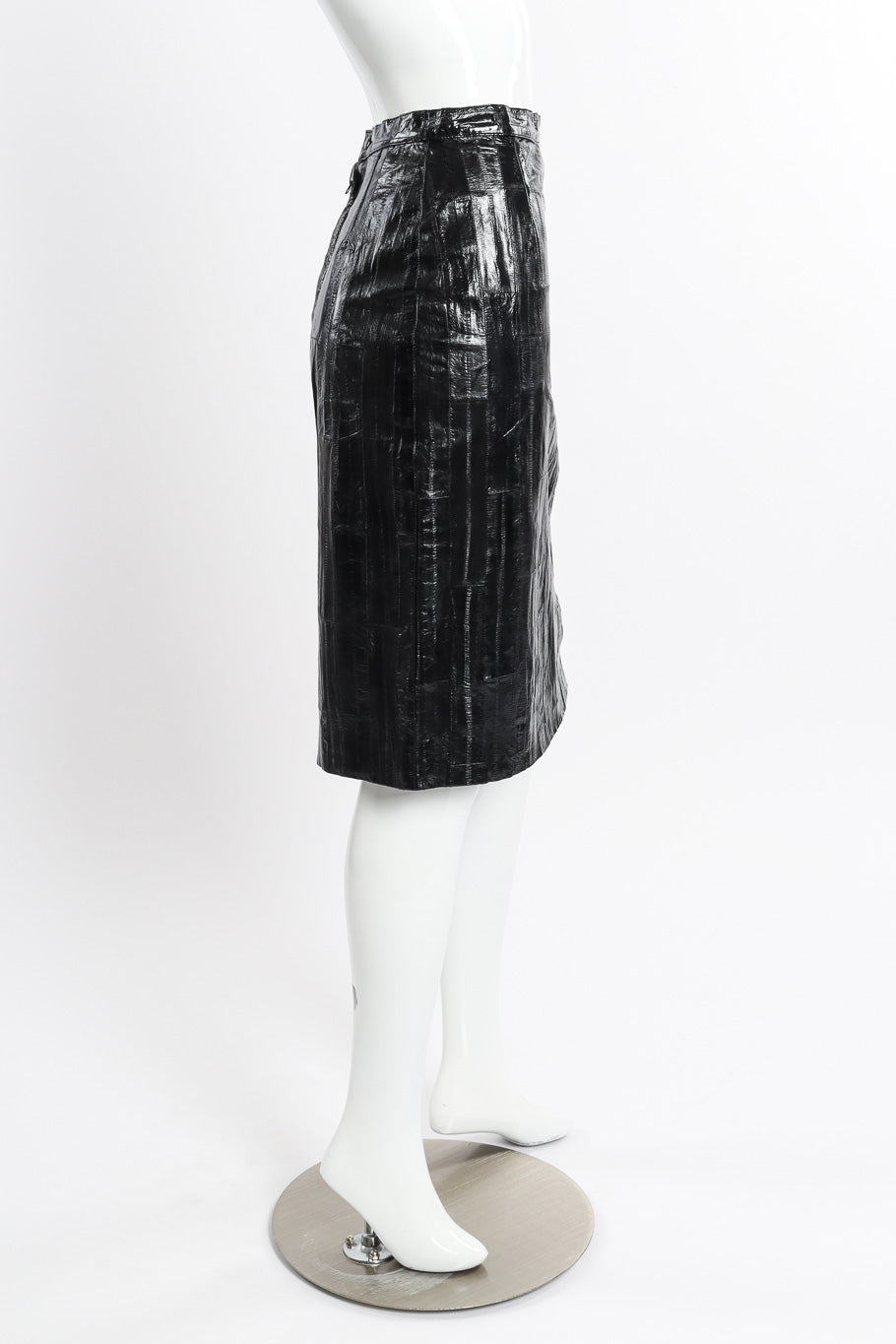Vintage Krizia Eel Patent Leather Skirt side view on mannequin @recessla