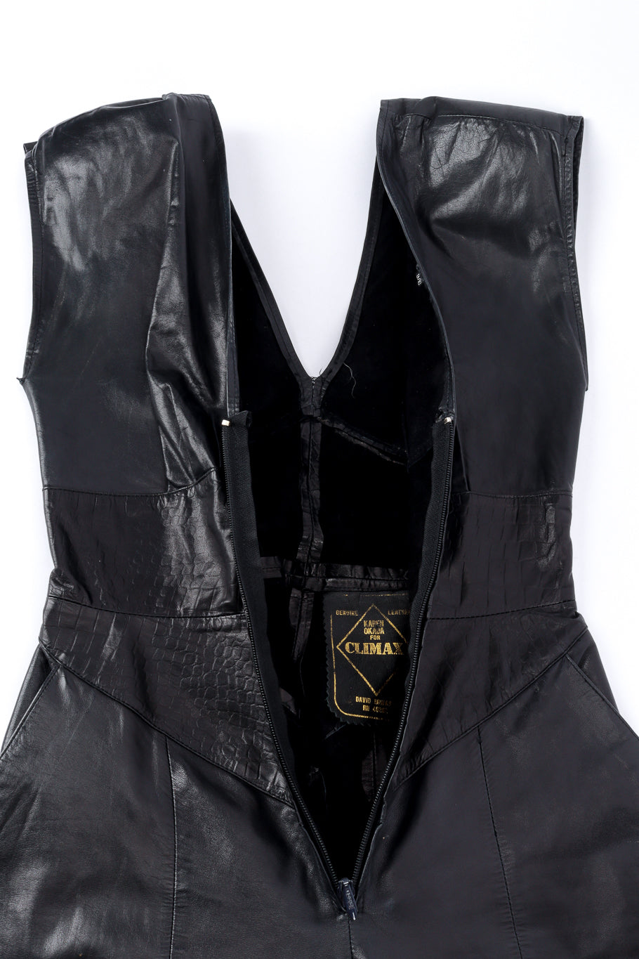 Vintage Karen Okada Croc Embossed Leather Jumpsuit front unzipped @recess la