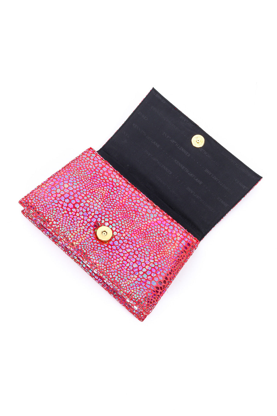 Clutch bag by Kenneth Jay Lane on white background flap open @recessla