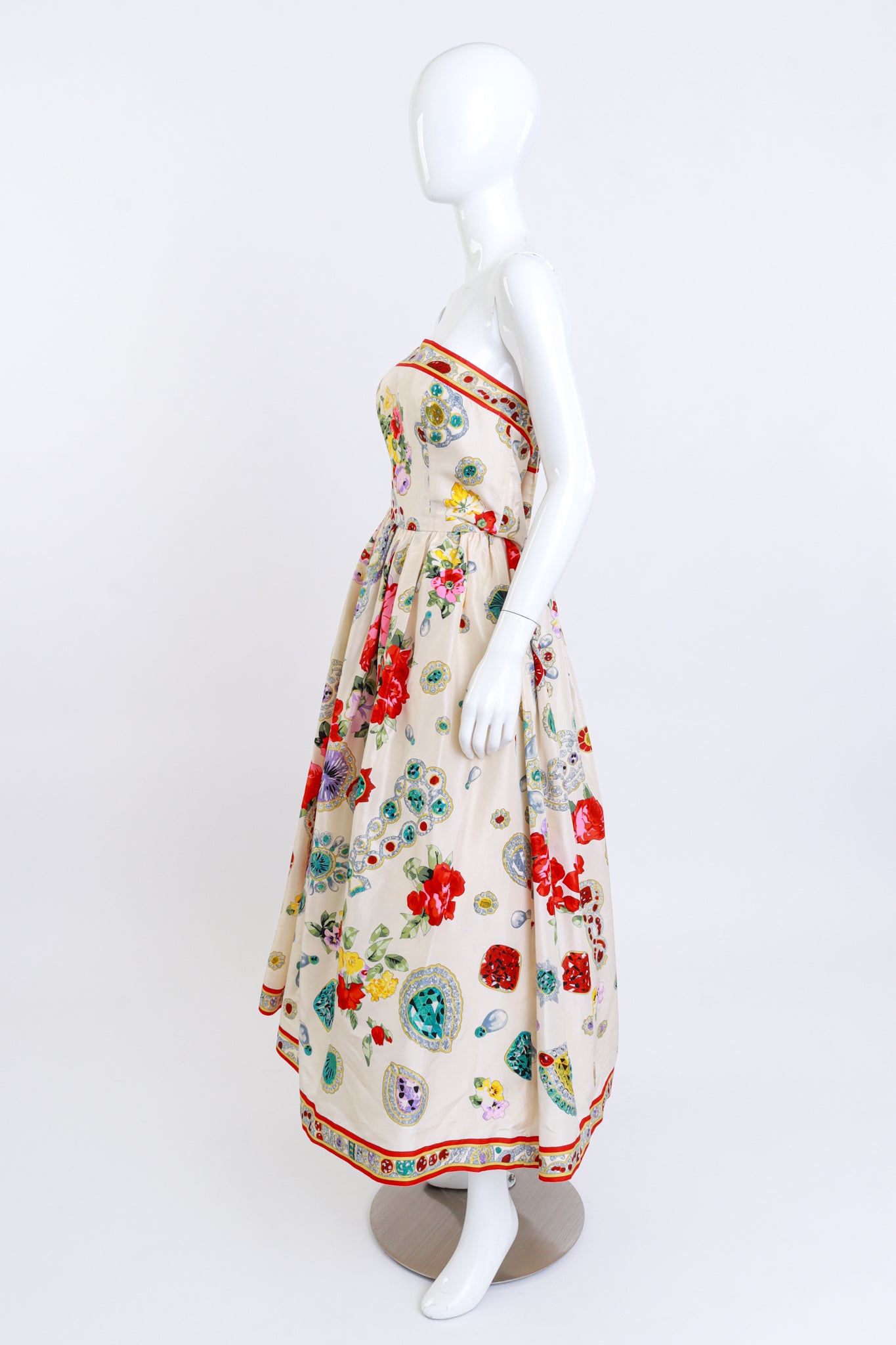 Vintage Leonard Strapless Jewel Print Gown, Shawl & Belt Set side on mannequin @recess la