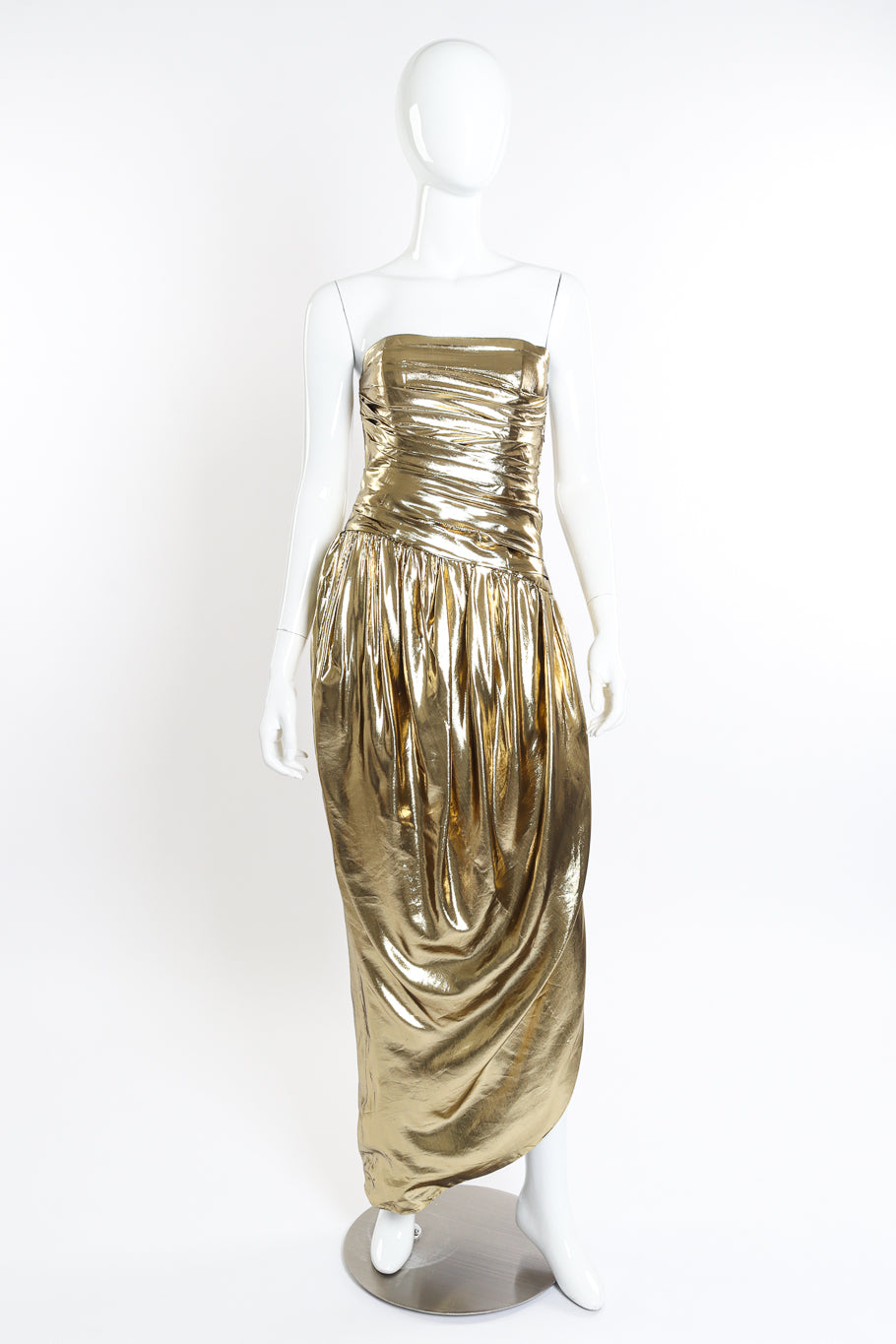 Asymmetrical Strapless Ruche Gown by Lillie Rubin on mannequin @recessla