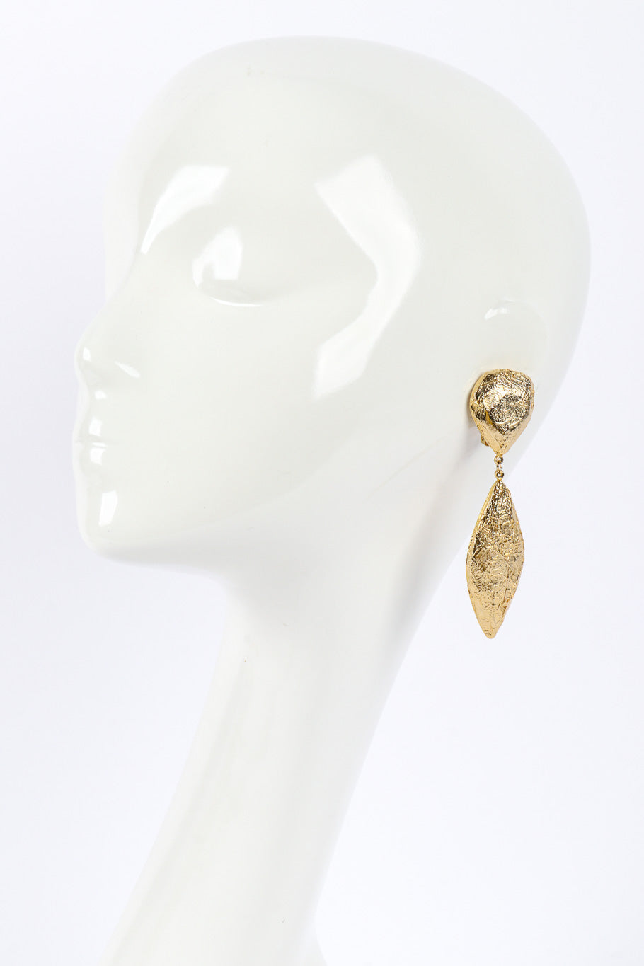 Vintage Les Bernard Gold Foil Leaf Drop Earrings on mannequin @recessla