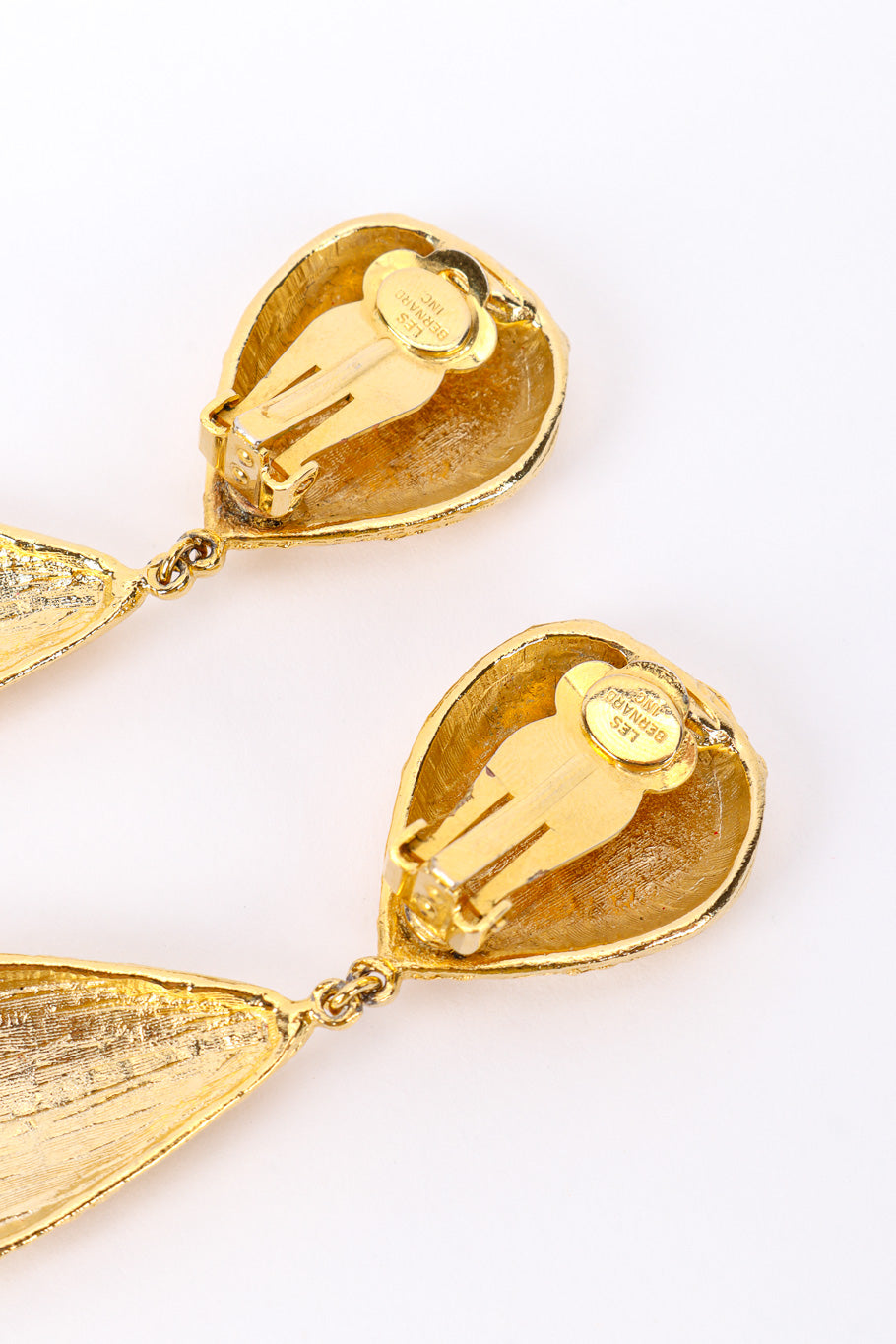 Vintage Les Bernard Gold Foil Leaf Drop Earrings back closeup @recessla