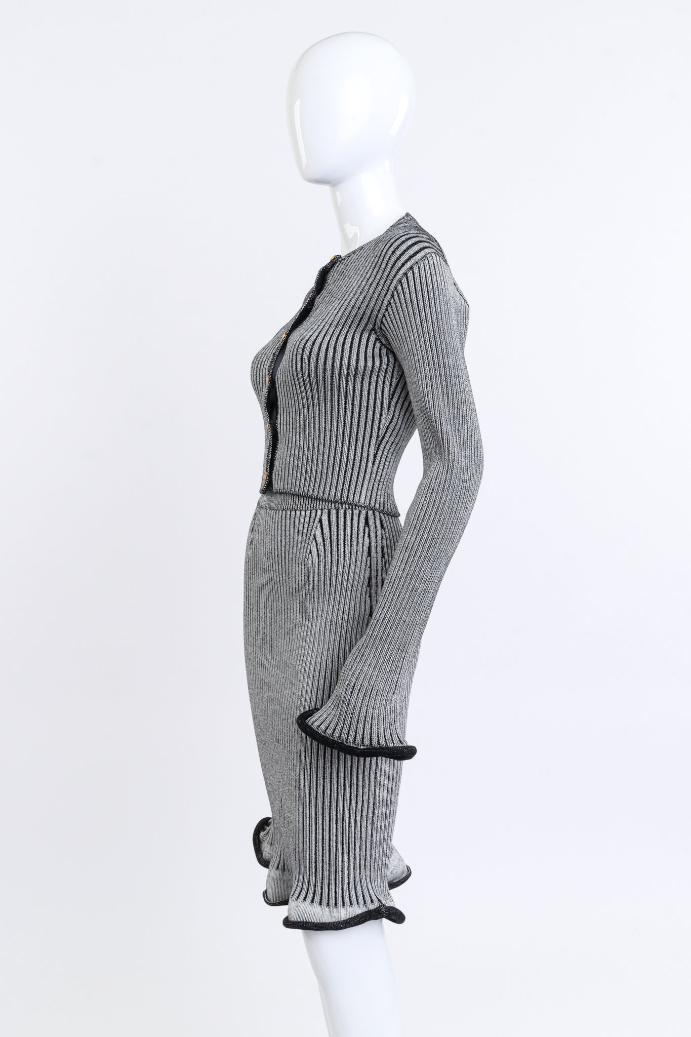 Louis Vuitton Ribbed Knit Trumpet Cardigan & Skirt Set side on mannequin @recess la