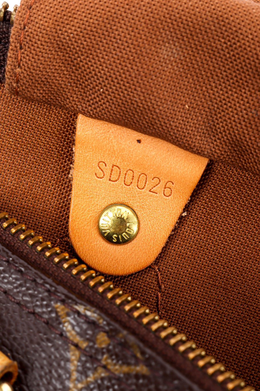 Vintage Louis Vuitton Classic Monogram Speedy 35 Bag serial number leather tab closeup @Recessla