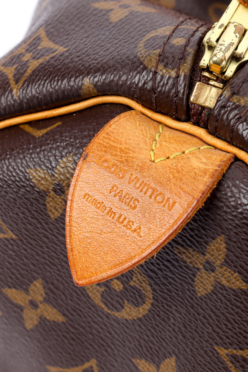 Vintage Louis Vuitton Classic Monogram Speedy 35 Bag signature and origin leather tab closeup @Recessla