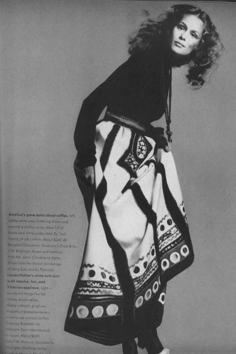 Vintage Malcolm Starr elephant skirt Ad of Model in a Malcolm Starr skirt @recessla