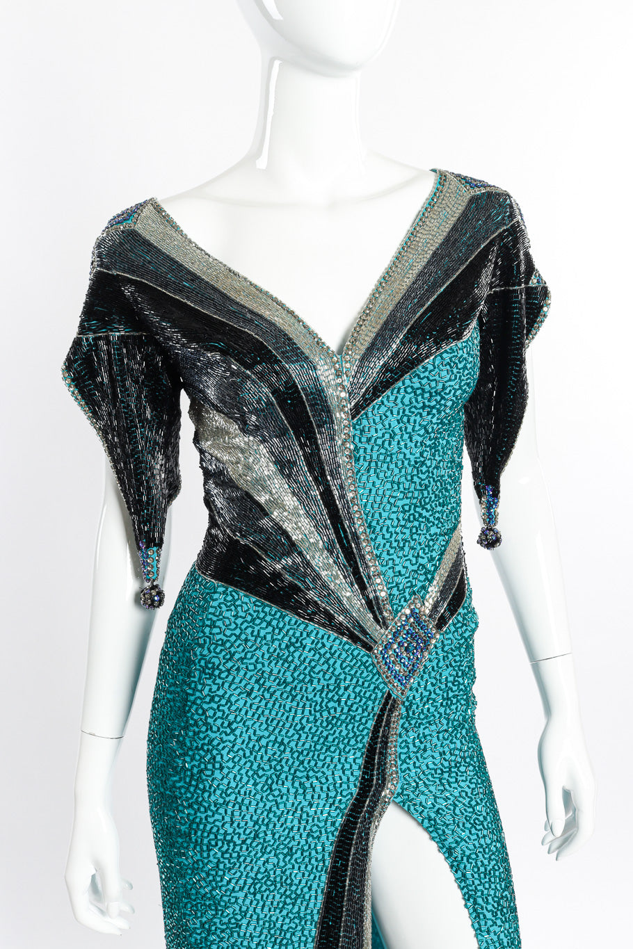 Plunge Back Beaded Deco Dress by Lauren Nicole on mannequin front close @recessla