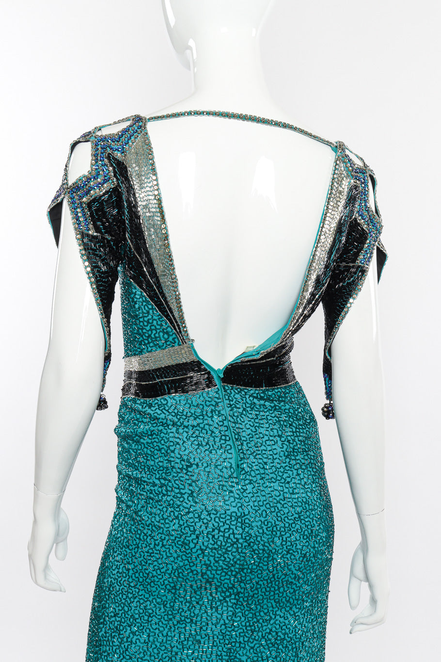 Plunge Back Beaded Deco Dress by Lauren Nicole on mannequin back close @recessla