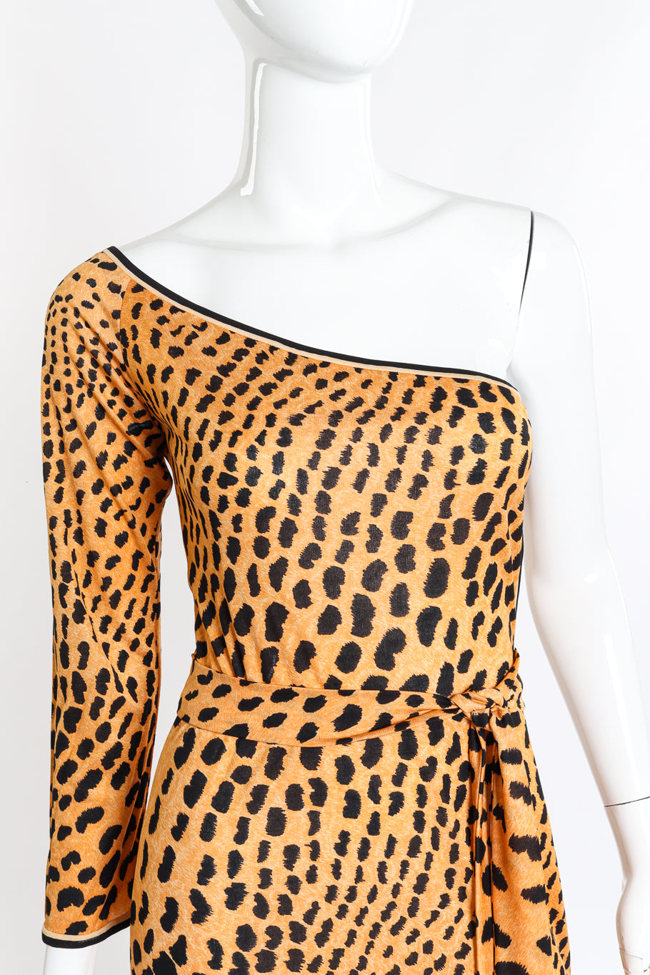 Vintage Leonard One Shoulder Cheetah Print Dress & Sash front neckline on mannequin closeup @recess la