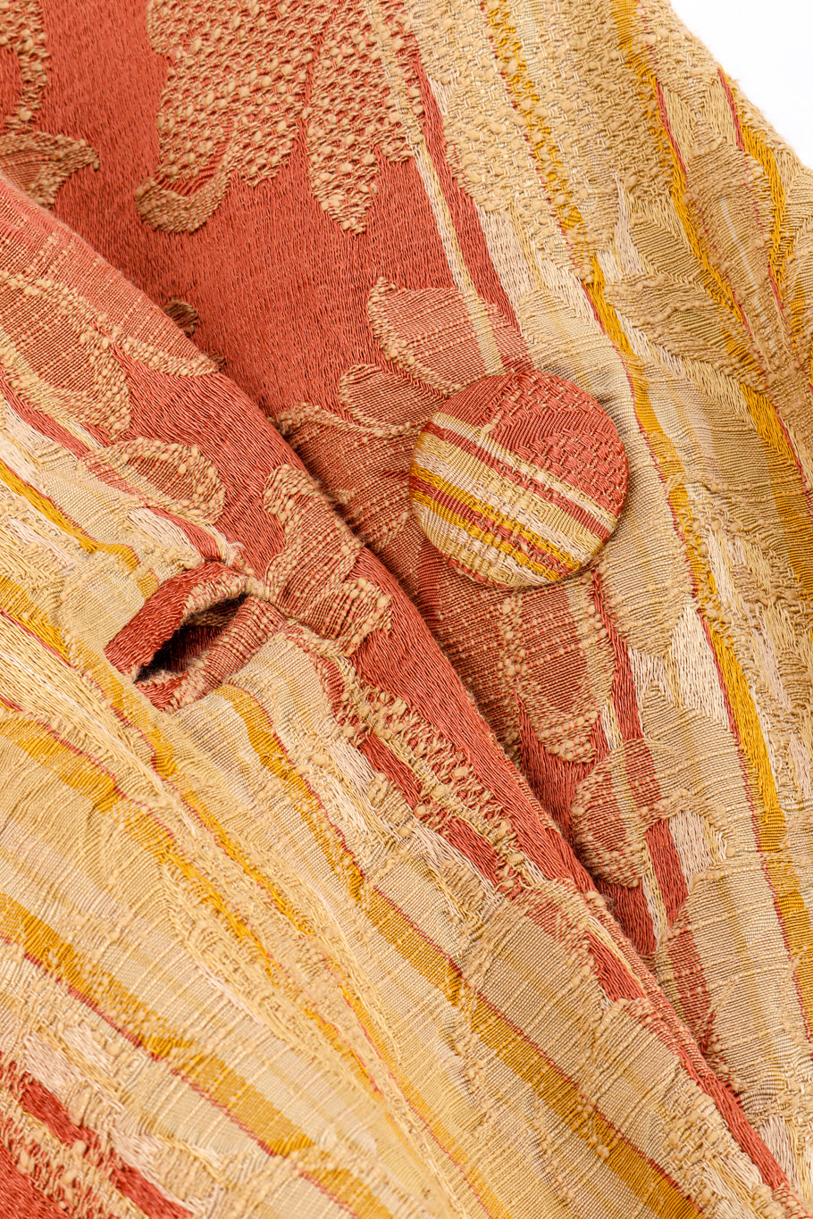 Vintage Les Habitudes Draped Brocade Cocoon Coat button closure closeup @recessla