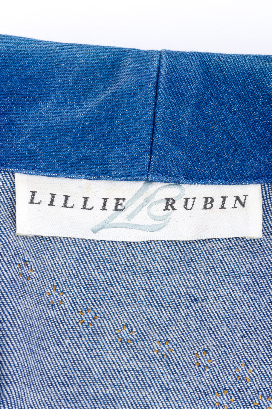 Vintage Lillie Rubin Crystal Studded Denim Jacket signature label closeup @Recessla