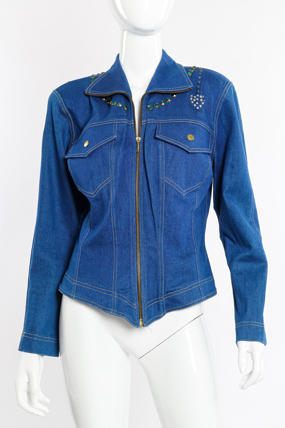 Vintage Lillie Rubin Crystal Studded Denim Jacket front view on mannequin closeup @Recessla