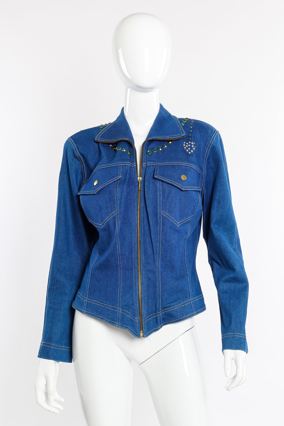 Vintage Lillie Rubin Crystal Studded Denim Jacket front view on mannequin @Recessla