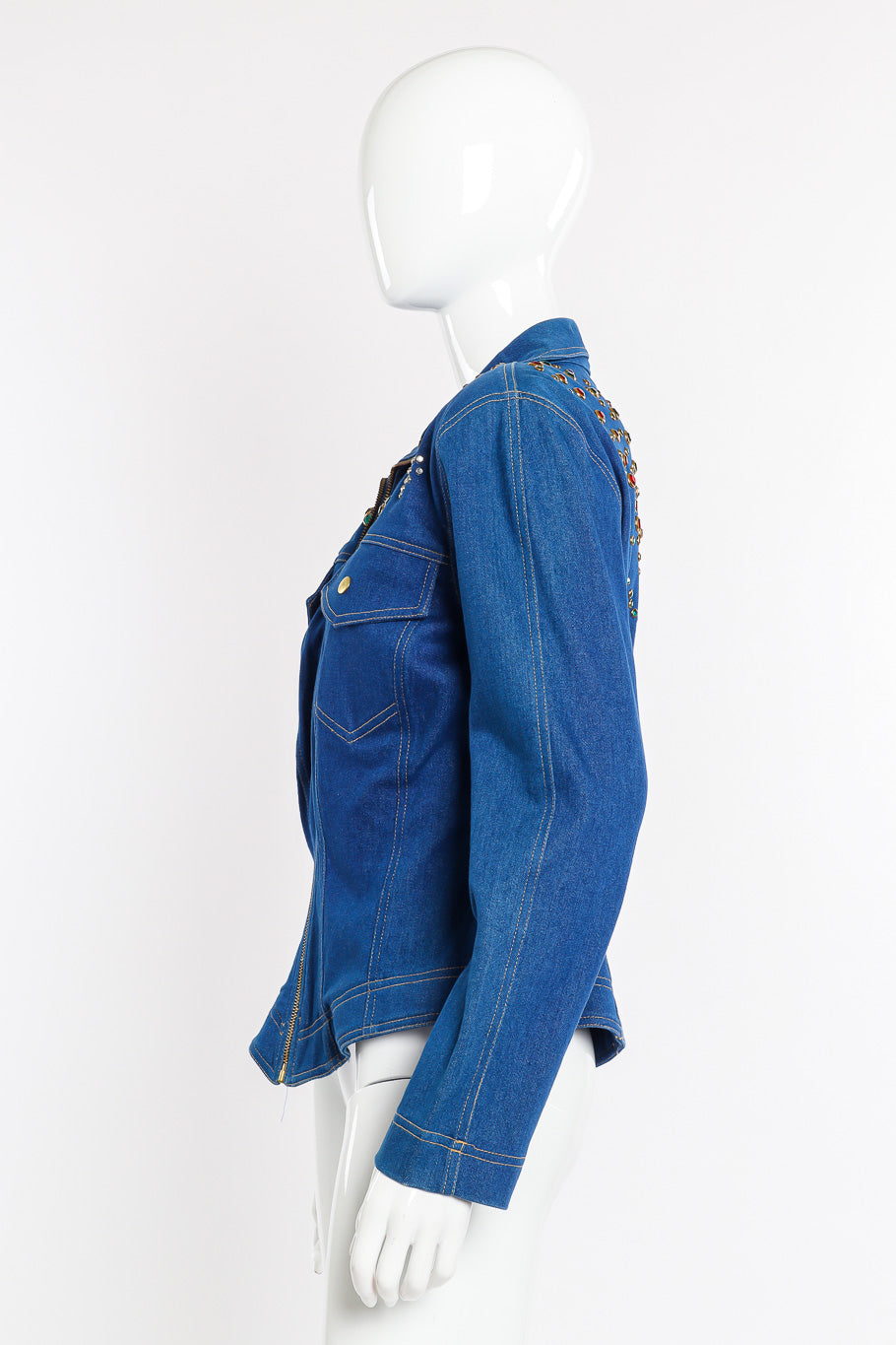 Vintage Lillie Rubin Crystal Studded Denim Jacket side view on mannequin @Recessla