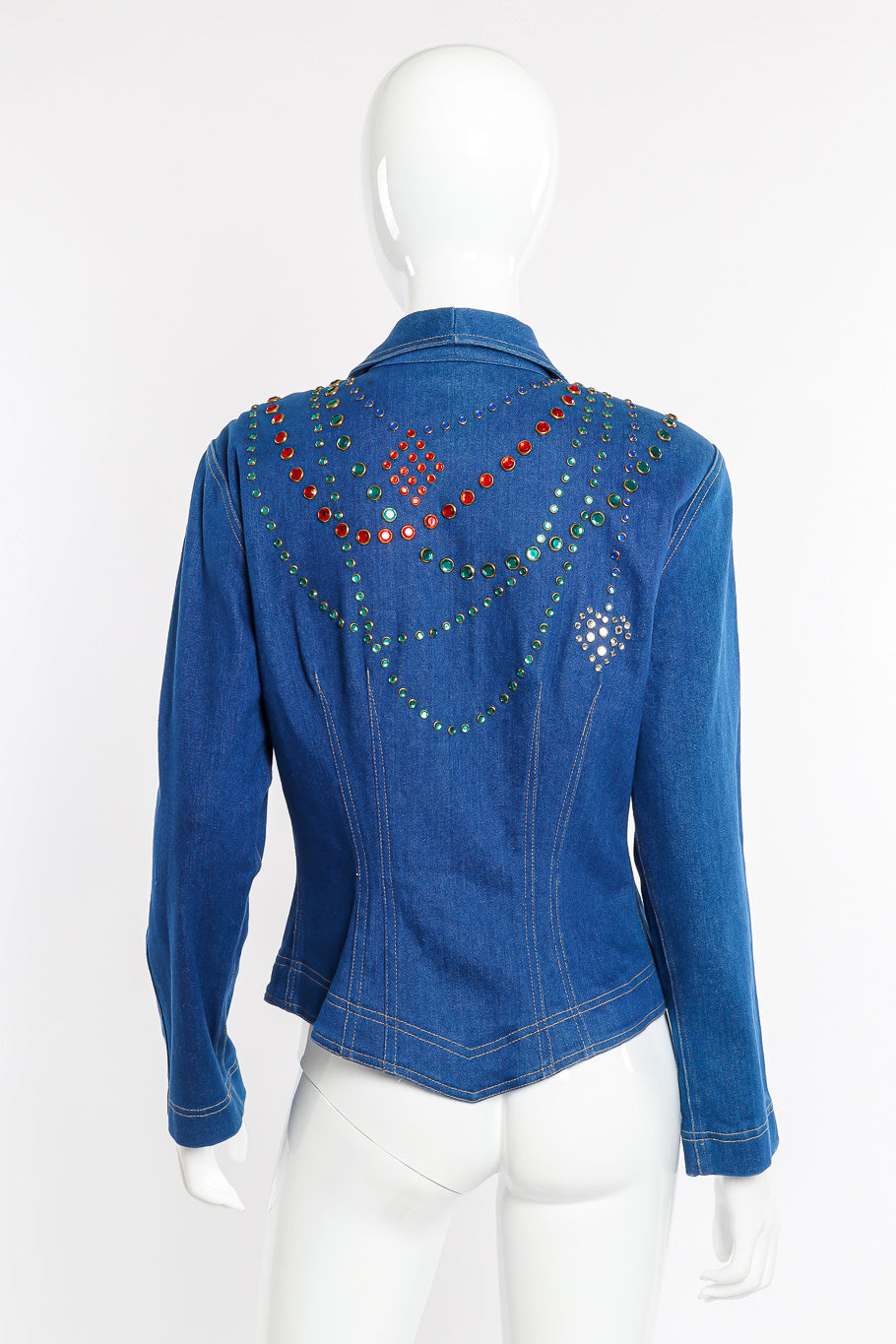 Vintage Lillie Rubin Crystal Studded Denim Jacket back view on mannequin @Recessla