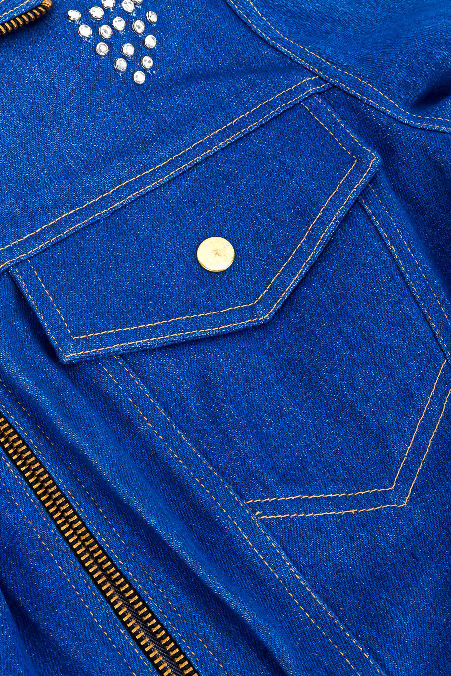 Vintage Lillie Rubin Crystal Studded Denim Jacket front flap pocket closeup @Recessla