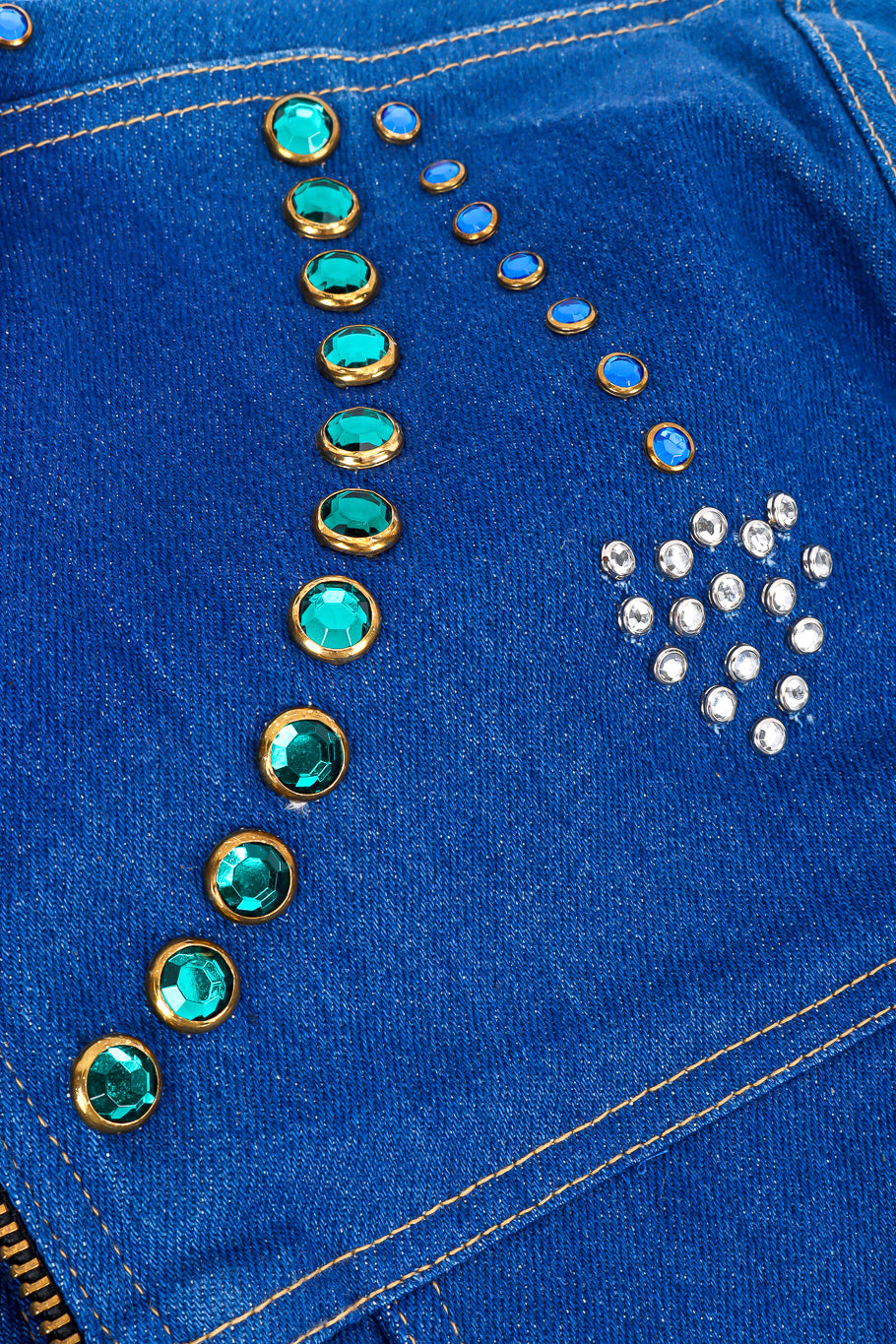 Vintage Lillie Rubin Crystal Studded Denim Jacket rhinestone studded chain and arrow closeup @Recessla