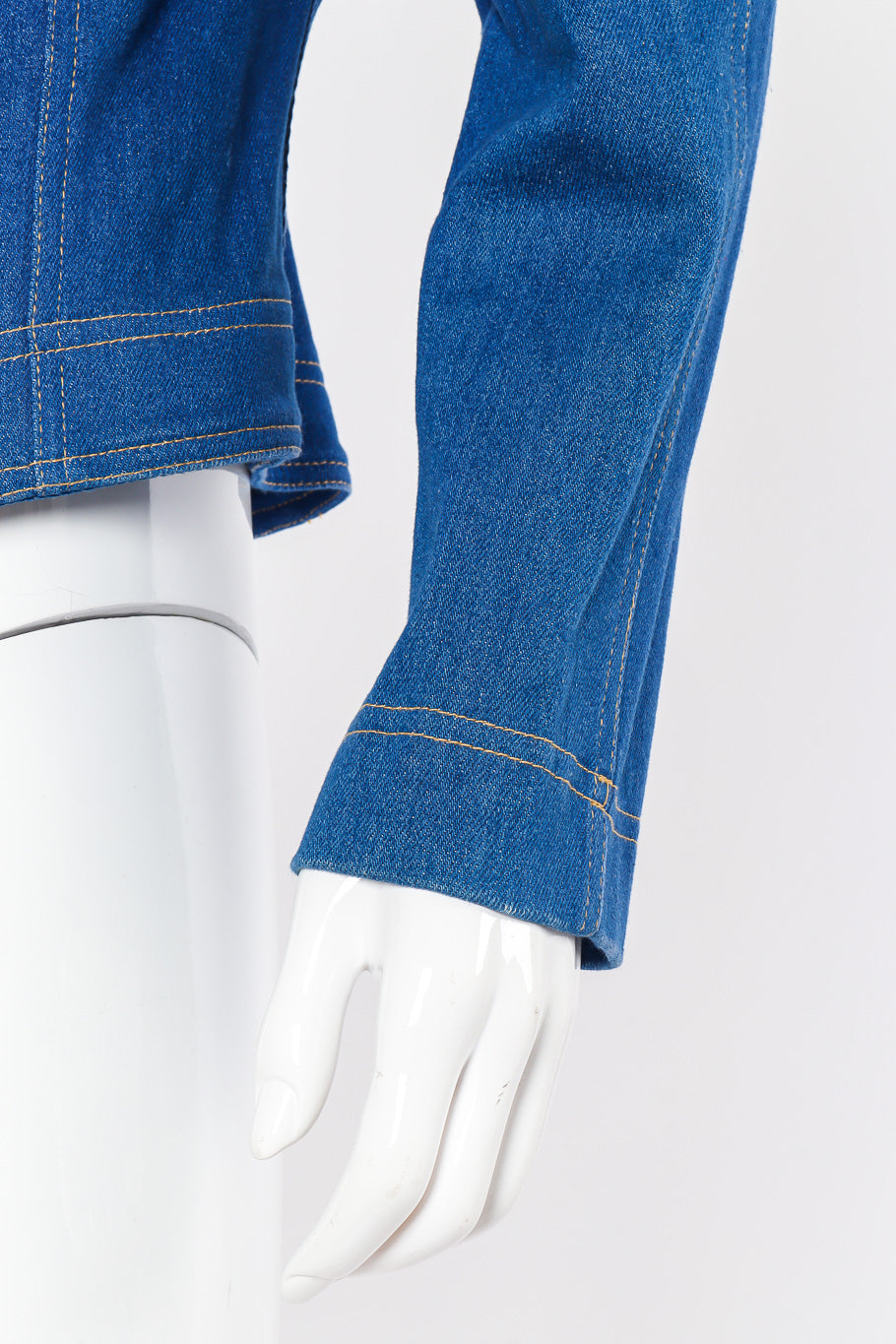 Vintage Lillie Rubin Crystal Studded Denim Jacket view of sleeve on mannequin closeup @Recessla