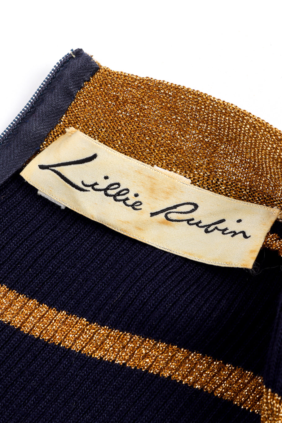 Vintage Lillie Rubin Metallic Stripe Knit Dress signature label closeup @recess la