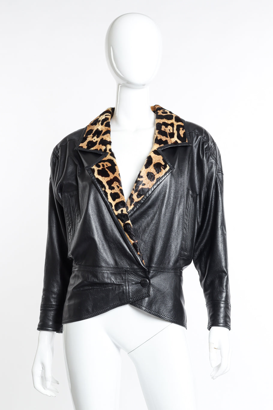 Vintage Lillie Rubin Leopard Trim Leather Jacket front on mannequin @recess la