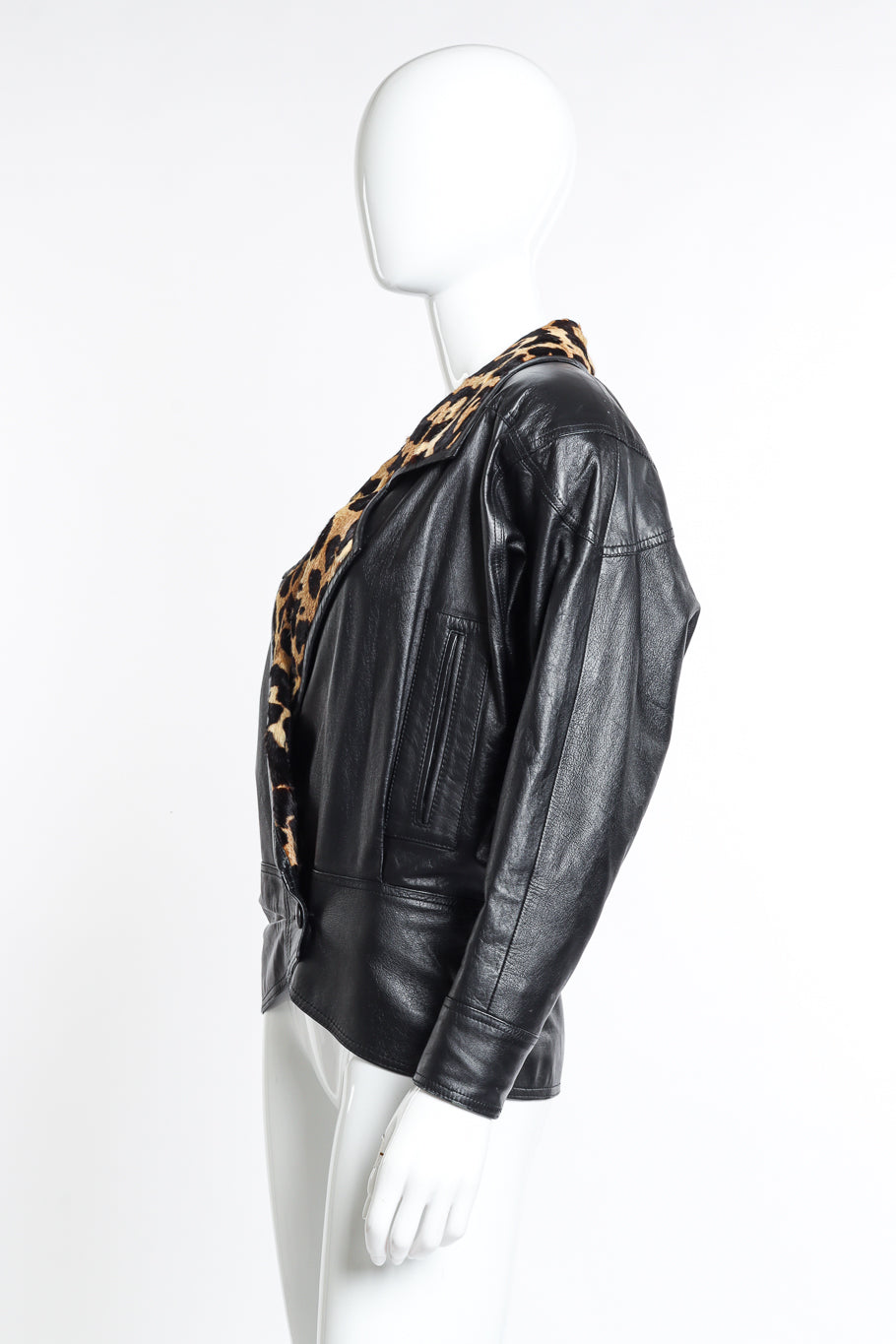 Vintage Lillie Rubin Leopard Trim Leather Jacket side on mannequin @recess la