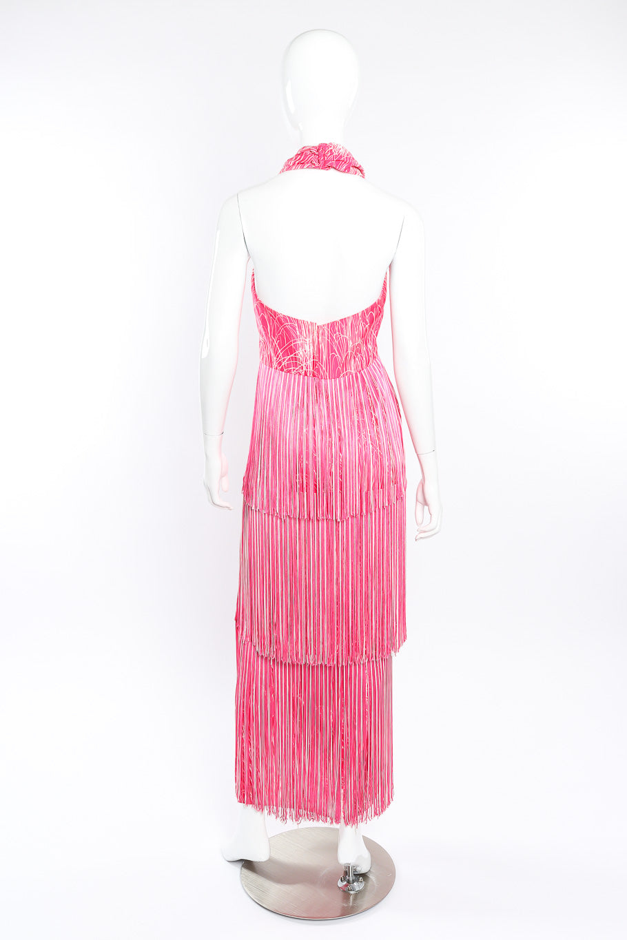 Vintage Lilli Diamond Halter Fringe Dress, Shawl & Belt Set back view of dress on mannequin @Recessla