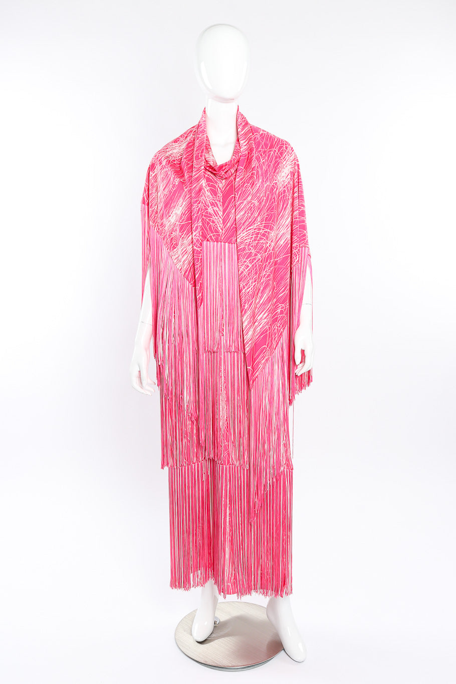 Vintage Lilli Diamond Halter Fringe Dress, Shawl & Belt Set front view of shawl on mannequin @Recessla