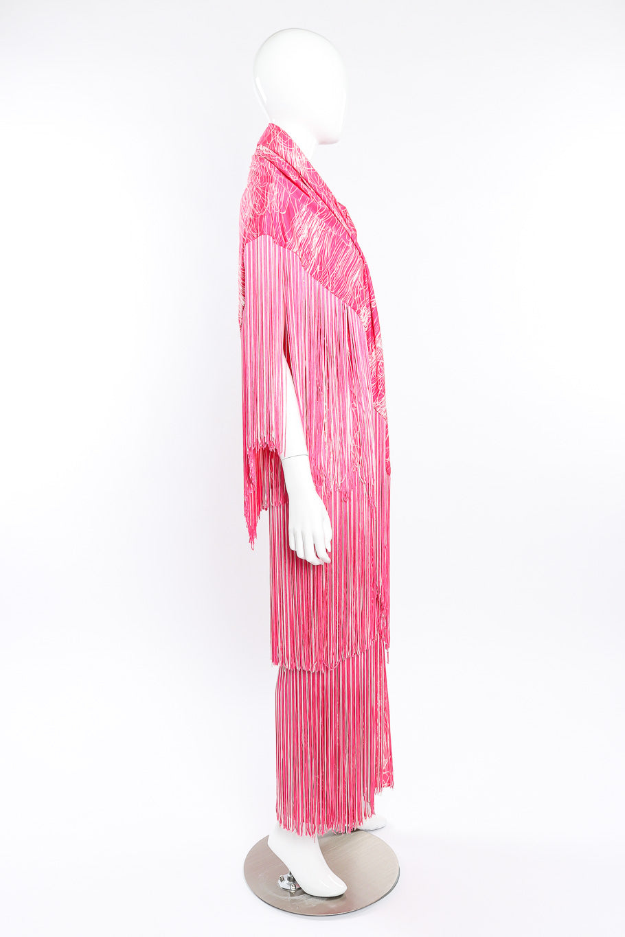 Vintage Lilli Diamond Halter Fringe Dress, Shawl & Belt Set side view of shawl on mannequin @Recessla