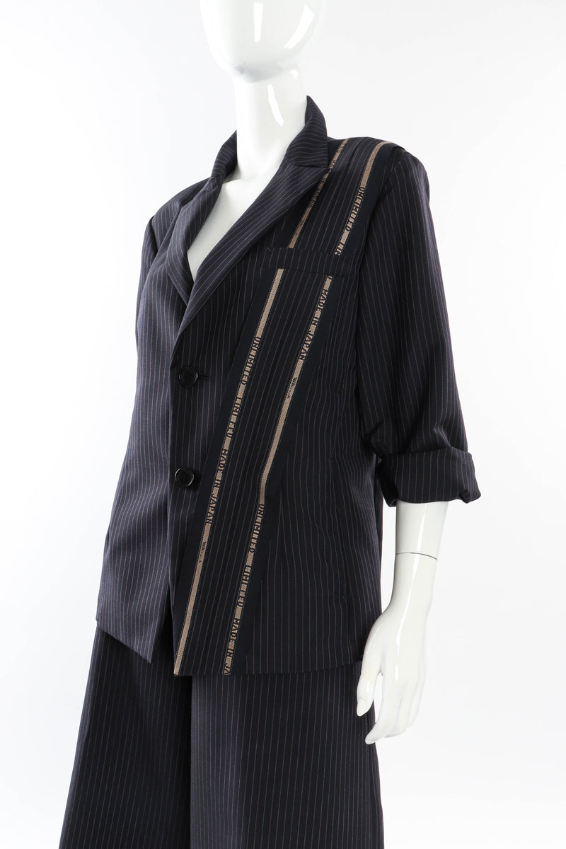 Limi Feu Pinstripe Wool Suit 3/4 front on mannequin closeup @recessla
