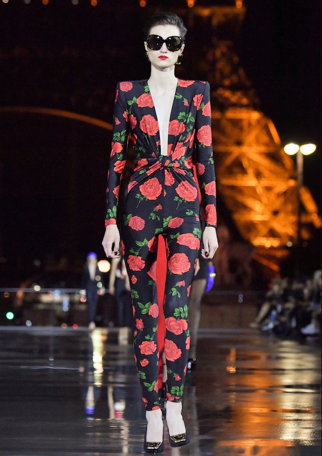 2022 S/S Rose Print Plunge Jumpsuit by Saint Laurent on model on 2022 runway @recess la