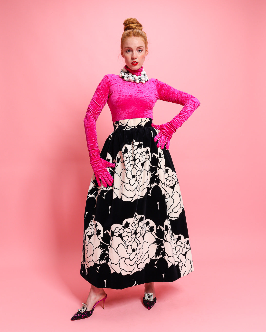 Velvet Floral Ball Skirt by Saks Fifth Avenue on model on pink background @recessla