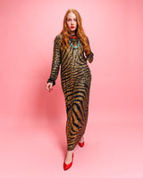 Tiger Sequin Sheath Gown on model on pink background @recessla