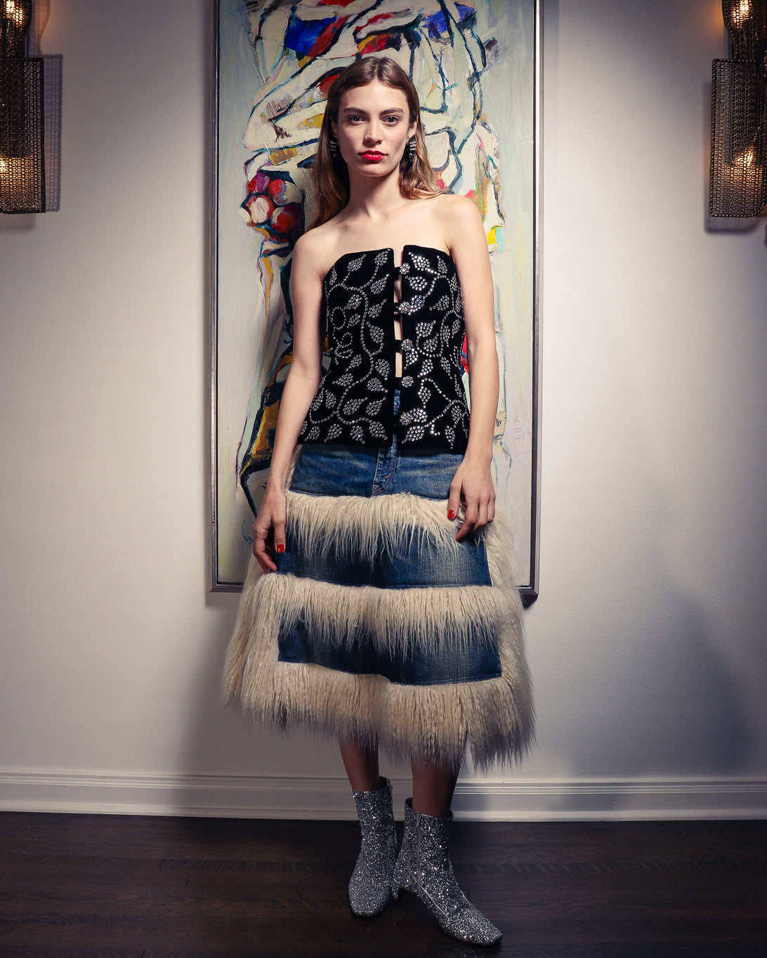 Junya Watanabe Denim Faux Fur Skirt on model @recessla