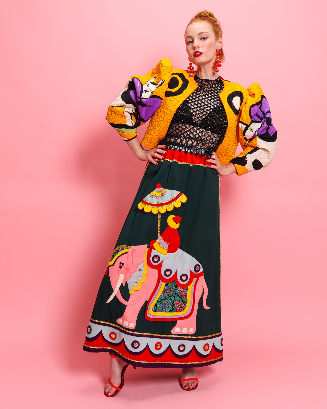 Elephant Maxi Skirt by Malcom Starr on model on pink background @recessla