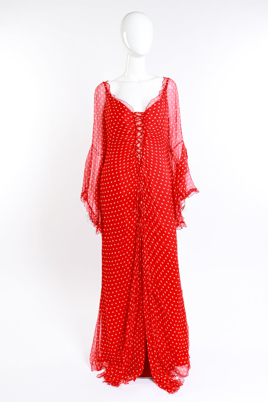 Vintage Bellville Sassoon Polka Dot Silk Chiffon Gown front on mannequin @recess la