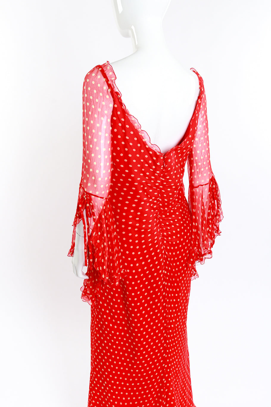 Vintage Bellville Sassoon Polka Dot Silk Chiffon Gown 3/4 back on mannequin closeup @recess la