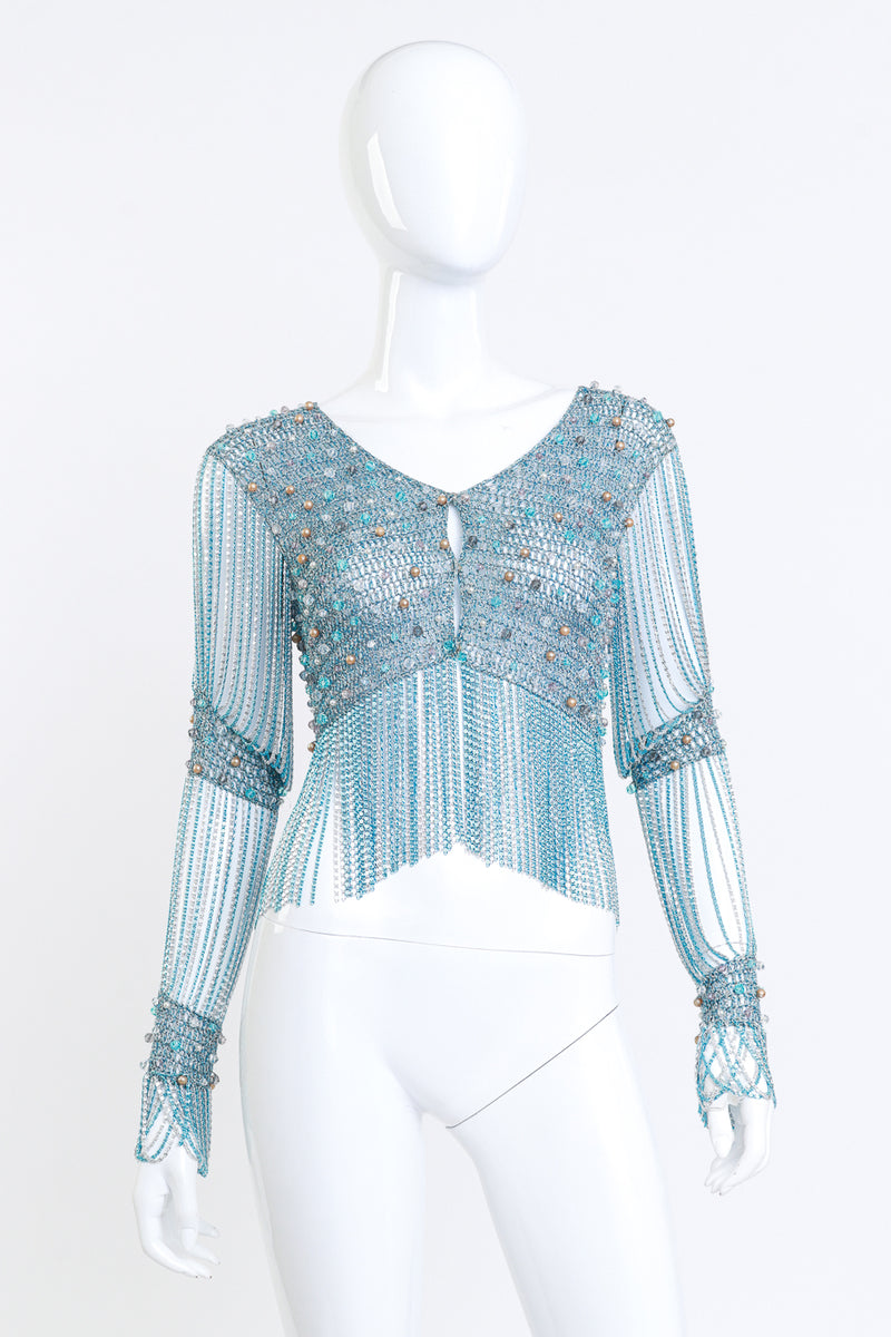 Loris Azzaro Metallic Crochet Knit Bead & Chain Crop Top front on mannequin @RECESS LA