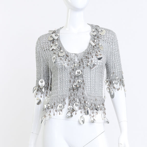 OBSCURE DESIRE OF BOURGEOISIEチビTトップスキラキラ Vintage Loris Azzaro Silver Crochet Knit Paillette Fringe Top – Recess