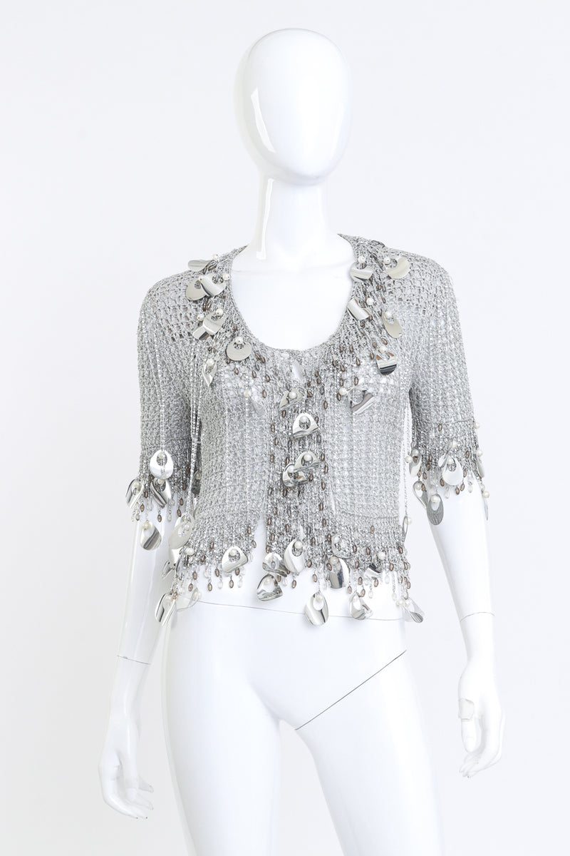 Loris Azzaro Silver Crochet Knit Paillette Fringe Top front on mannequin @RECESS LA