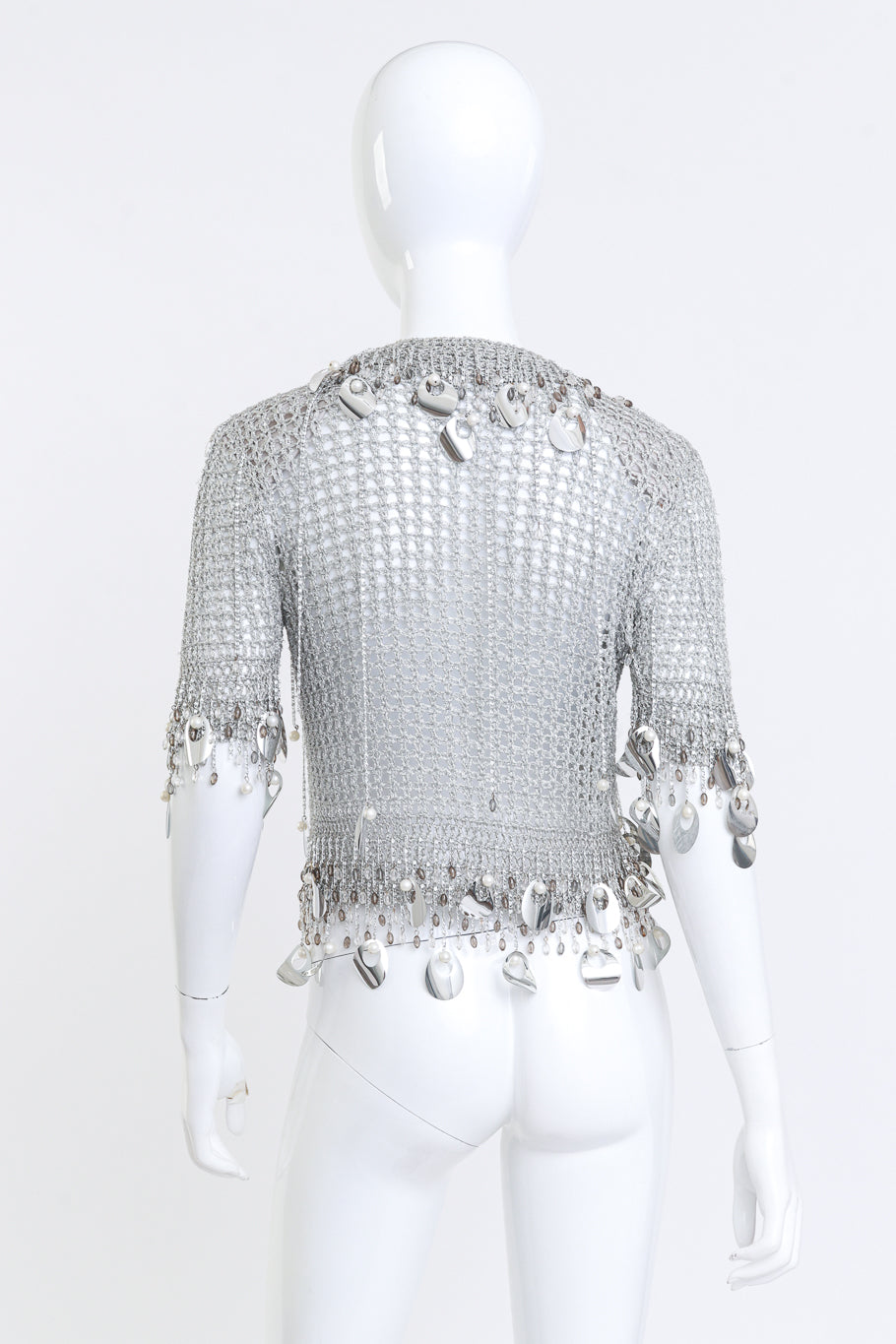 Loris Azzaro Silver Crochet Knit Paillette Fringe Top back on mannequin @RECESS LA