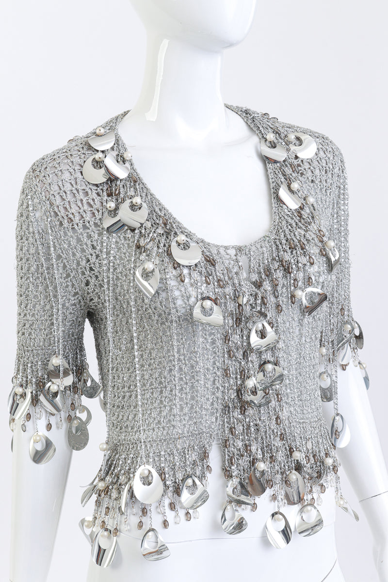 Loris Azzaro Silver Crochet Knit Paillette Fringe Top front detail on mannequin @RECESS LA