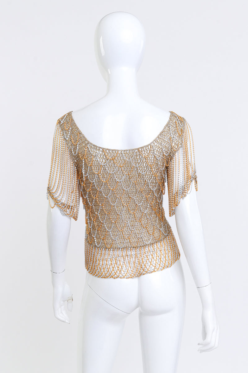 Loris Azzaro Metallic Crochet Knit Chain Drape Top back on mannequin @RECSS LA