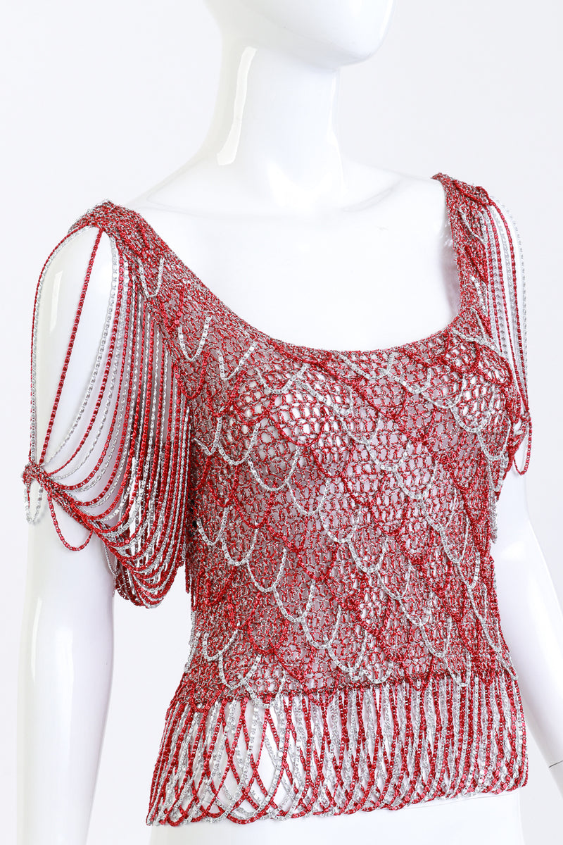 Loris Azzaro Scarlet & Silver Crochet Knit Chain Drape Top front detail on mannequin @RECESS LA