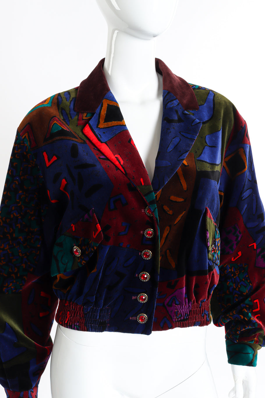 Vintage Louis Féraud Abstract Print Velvet Jacket front on mannequin closeup @recessla