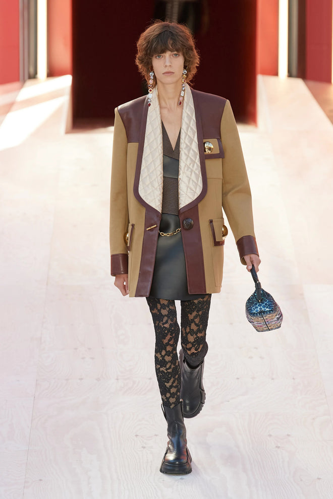 Leather Canvas Colorblock Coat by Louis Vuitton on model on runway
