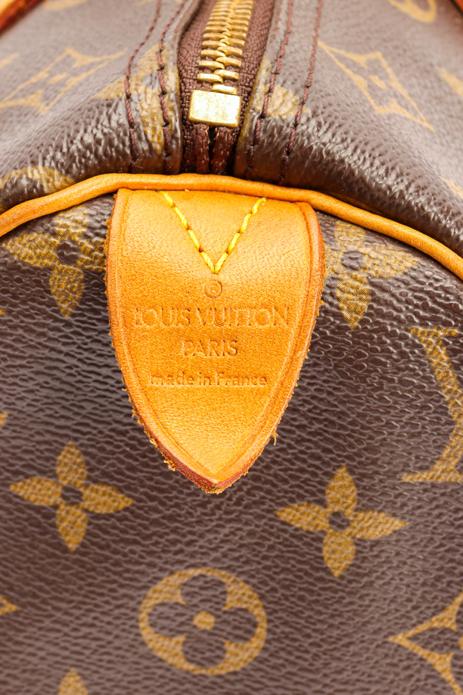 Vintage Louis Vuitton Classic Monogram Speedy 30 Bag III signature leather tab closeup @Recessla